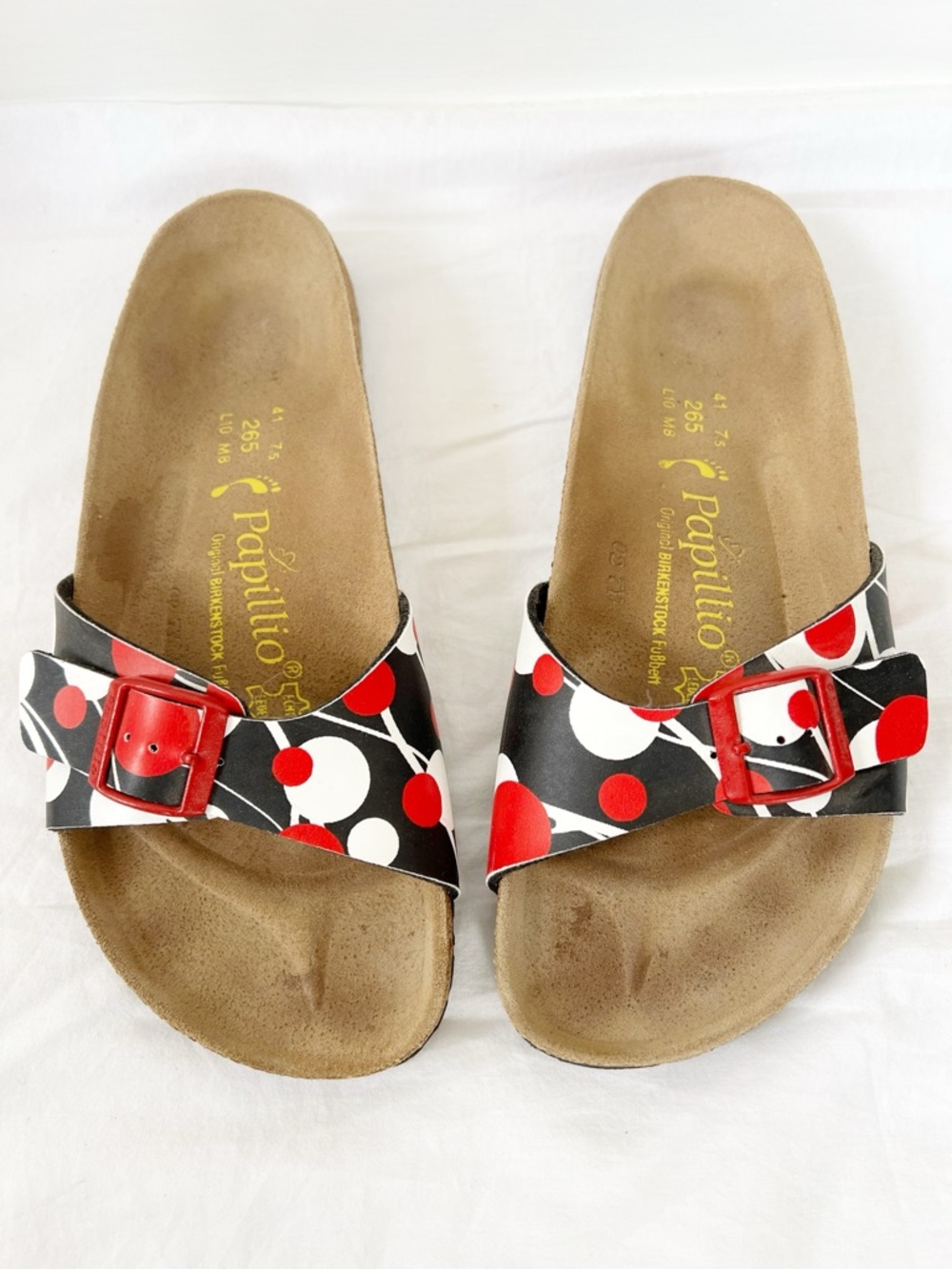 Birkenstock Papillio Black, Red & White Polka Dot Cork Slide Sandals